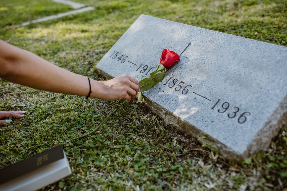 A person holding a single red rose with green stem and leaves, placing it gently on a grey granite gravestone engraved with the years 1846–1919 and 1856–1936. The gravestone is situated on a well-