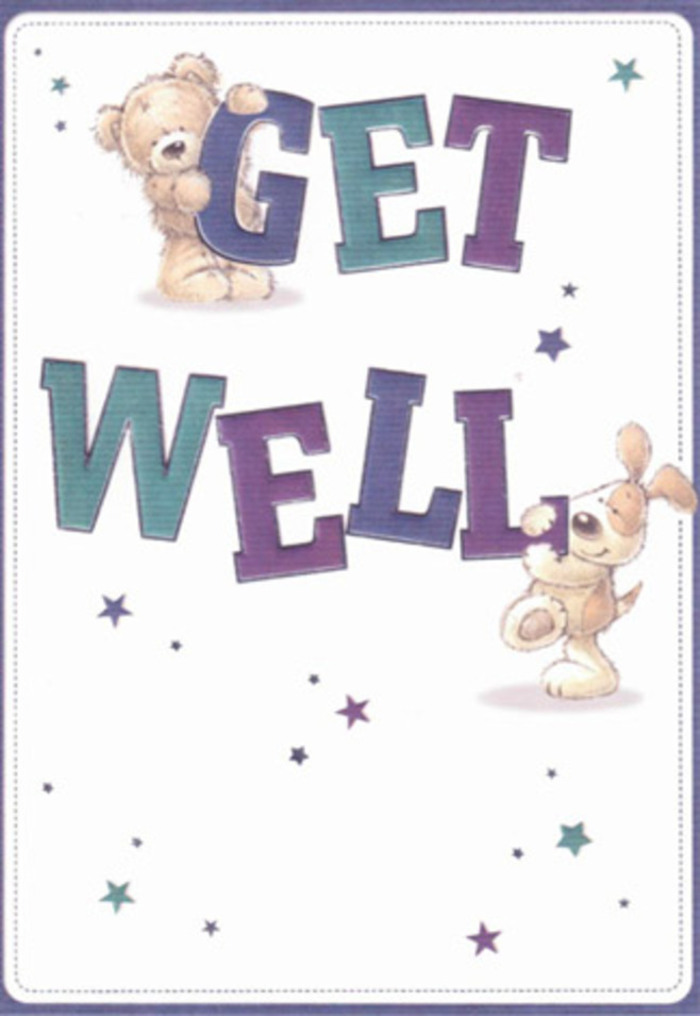 A joyful exchange unfolds on this get well card, evocative of heartfelt support amid Morden's pleasant avenues and leafy parks. The card features a whimsical illustration: a kindly bear and a spirited, floppy-eared pup nestled among large, confident letters that spell out 'Get Well.' Indigo and teal hues on the letters shimmer with cheerful reassurance, striking against a backdrop as pristine as a freshly opened bouquet from Florist Morden. Playful stars in blues and purples twinkle through the air, recalling the little pockets of hope that light up the community on even the greyest SM4 day. The bear's fuzzy coat and the puppy's velvety ears are rendered with such care that you can almost feel their softness through the illustration. Each brushstroke feels intentional, like the finishing touch on a thoughtfully arranged get well bouquet waiting for delivery to a friend nearby. The entire composition embodies a mood of uplifting calm and genuine affection, making this card a beautiful way to extend healing wishes-its artistry full of the same sincerity and gentle optimism found in every local floral arrangement.