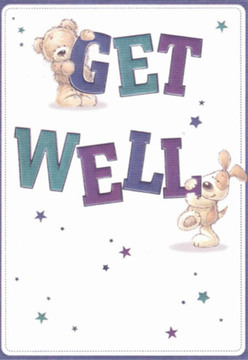 In this heartening get well card, the artistry shines with both playful charm and sincere intent-qualities synonymous with the community fabric of Morden. The scene unfolds on a pure, inviting white background, where a gentle teddy bear and a lively, long-eared puppy create a tableau of encouragement. The bear's arms wrap protectively around the word 'GET,' while the pup snuggles warmly against 'WELL,' their rounded shapes and expressive eyes radiating a sense of affectionate hope. Deep teals, rich purples, and indigo shades bring the large, bouncy letters and scattered starbursts to life, conjuring the comforting ambiance found in local green spaces along London Road. The sprinkle of animated stars mirrors the sparkling optimism seen in everyday gestures of kindness across Morden. Nuanced textures are visible in the fluff of the bear's coat and the smooth velvet of the puppy's ears, inviting thoughts of touch and soothing reassurance. This piece, reminiscent of the careful, loving artistry behind each bouquet crafted for same-day floral delivery to homes near Merton Abbey, embodies a wish for brighter moments and heartfelt recovery-a visual balm for the spirit, tailored by Morden's caring florists.